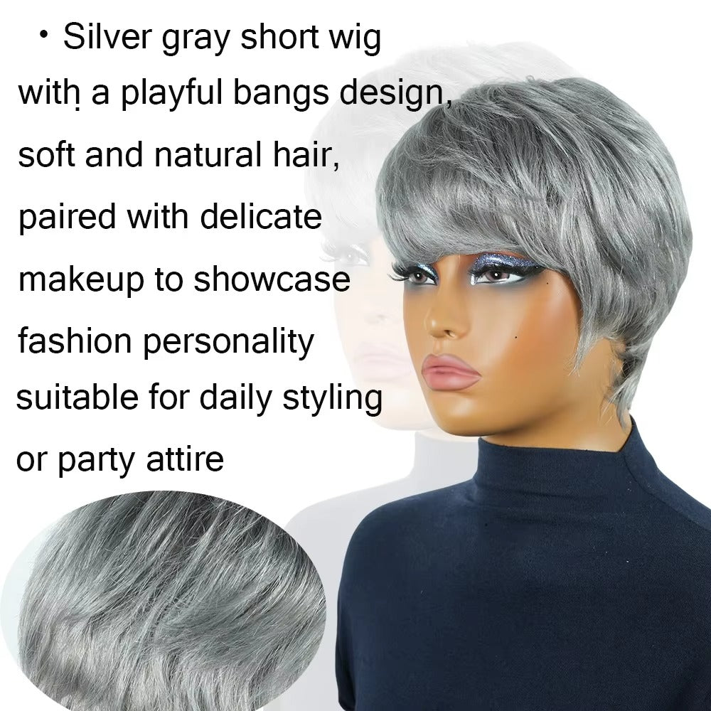 Silver Grey Short Pixie Cut Human Hair Wig with Bangs