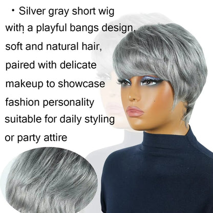 Silver Grey Short Pixie Cut Human Hair Wig with Bangs