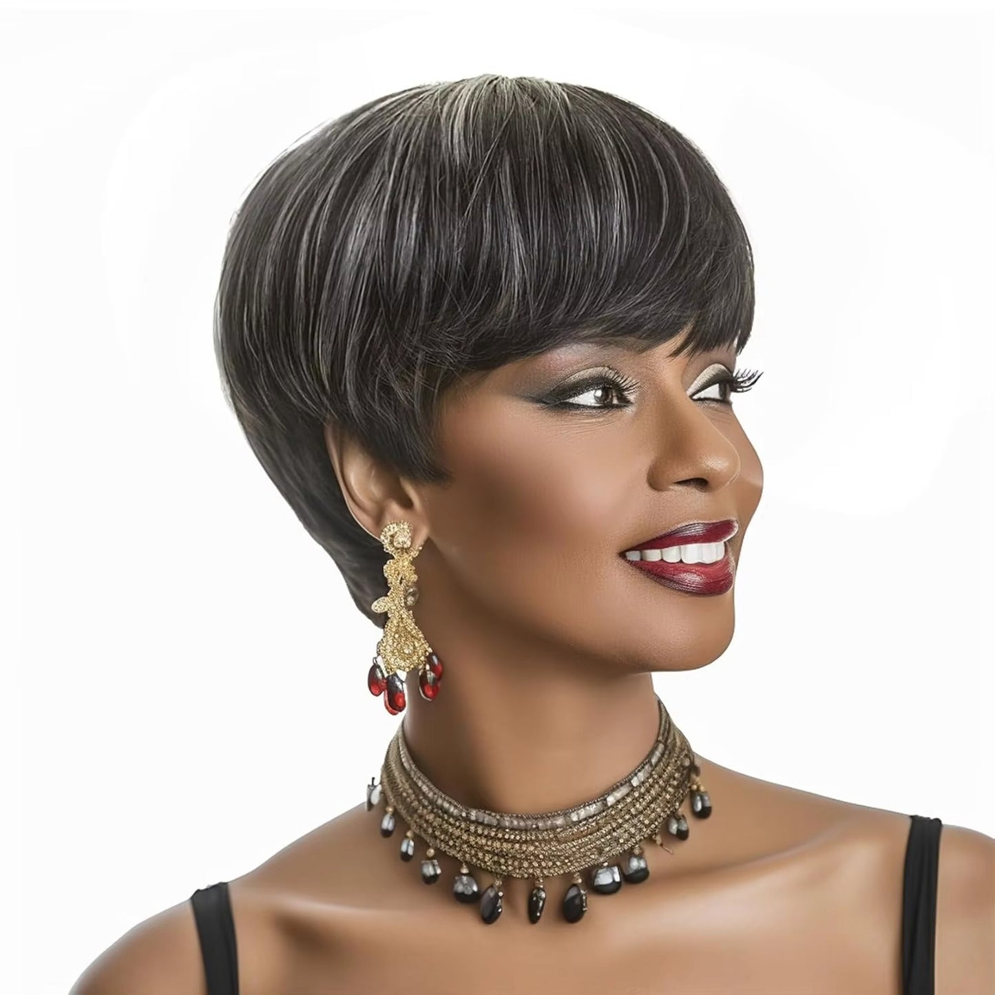 Short Ombre Grey Human Hair Pixie Wig with Bangs | Salt & Pepper
