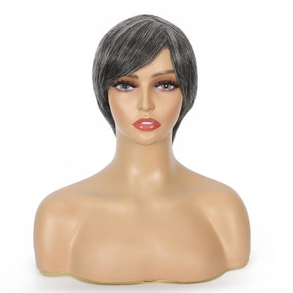 Short Ombre Grey Human Hair Pixie Wig with Bangs | Salt & Pepper
