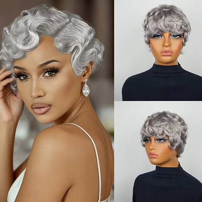 Gray Short Finger Wave Pixie Cut Human Hair Wig for Women