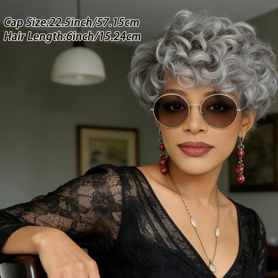 Natural Gray Short Messy Wavy Curly Synthetic Wig | Glueless