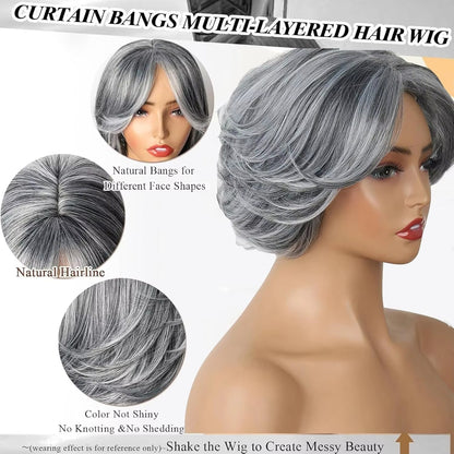 Bright Silver Gray Layered Bob Synthetic Wig with Curtain Bangs