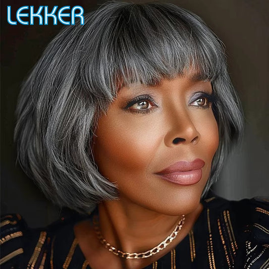 Salt and Pepper Gray Short Pixie Cut Human Hair Wig with Bangs