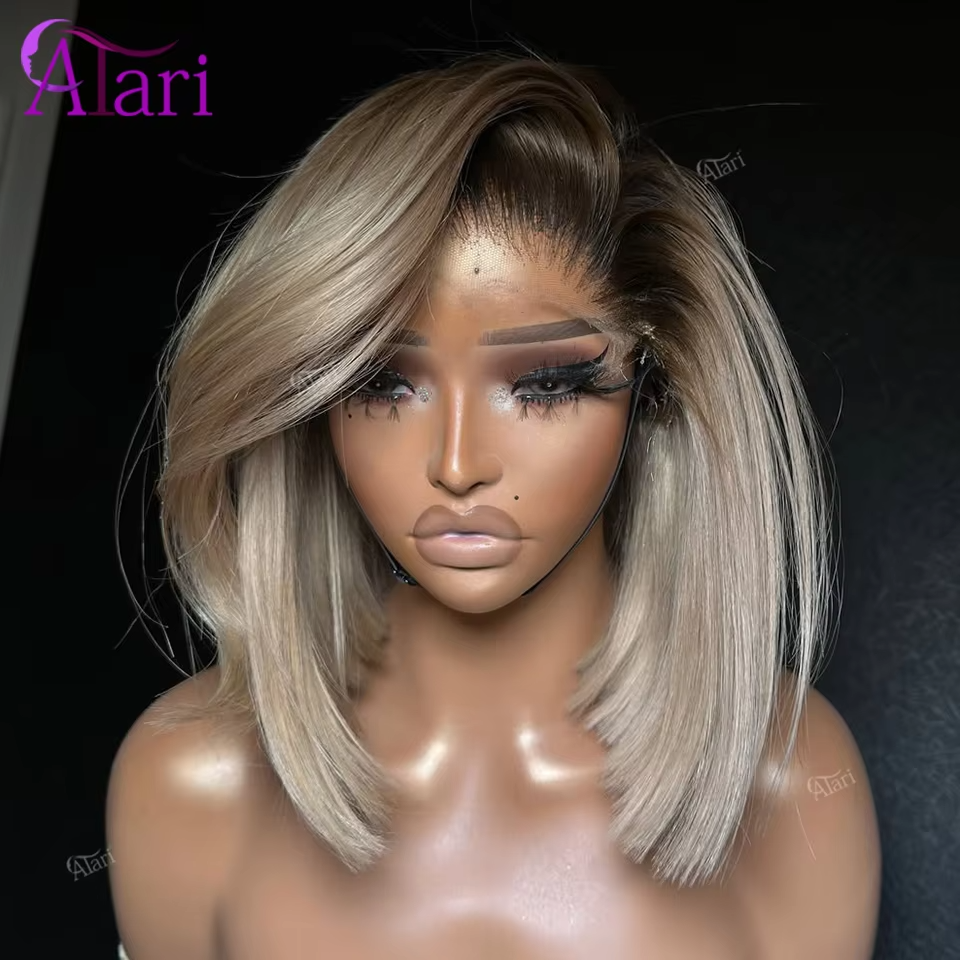 Ash Blonde Bob Wig Human Hair with Brown Roots | 13x4 Transparent Lace Frontal Pre-Plucked Wig