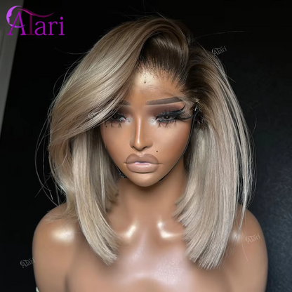 Ash Blonde Bob Wig Human Hair with Brown Roots | 13x4 Transparent Lace Frontal Pre-Plucked Wig