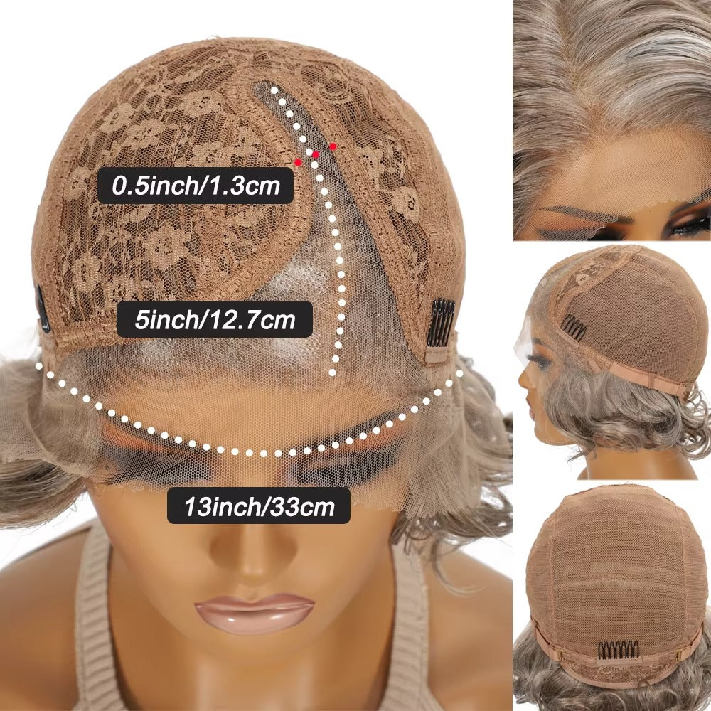 Short Curly Wavy Blonde Grey Synthetic Wig | T-Part Lace Front