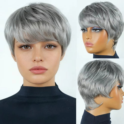 Silver Grey Short Pixie Cut Human Hair Wig with Bangs