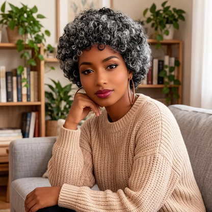 Salt and Pepper Short Curly Human Hair Wig – Afro Kinky Pixie Cut