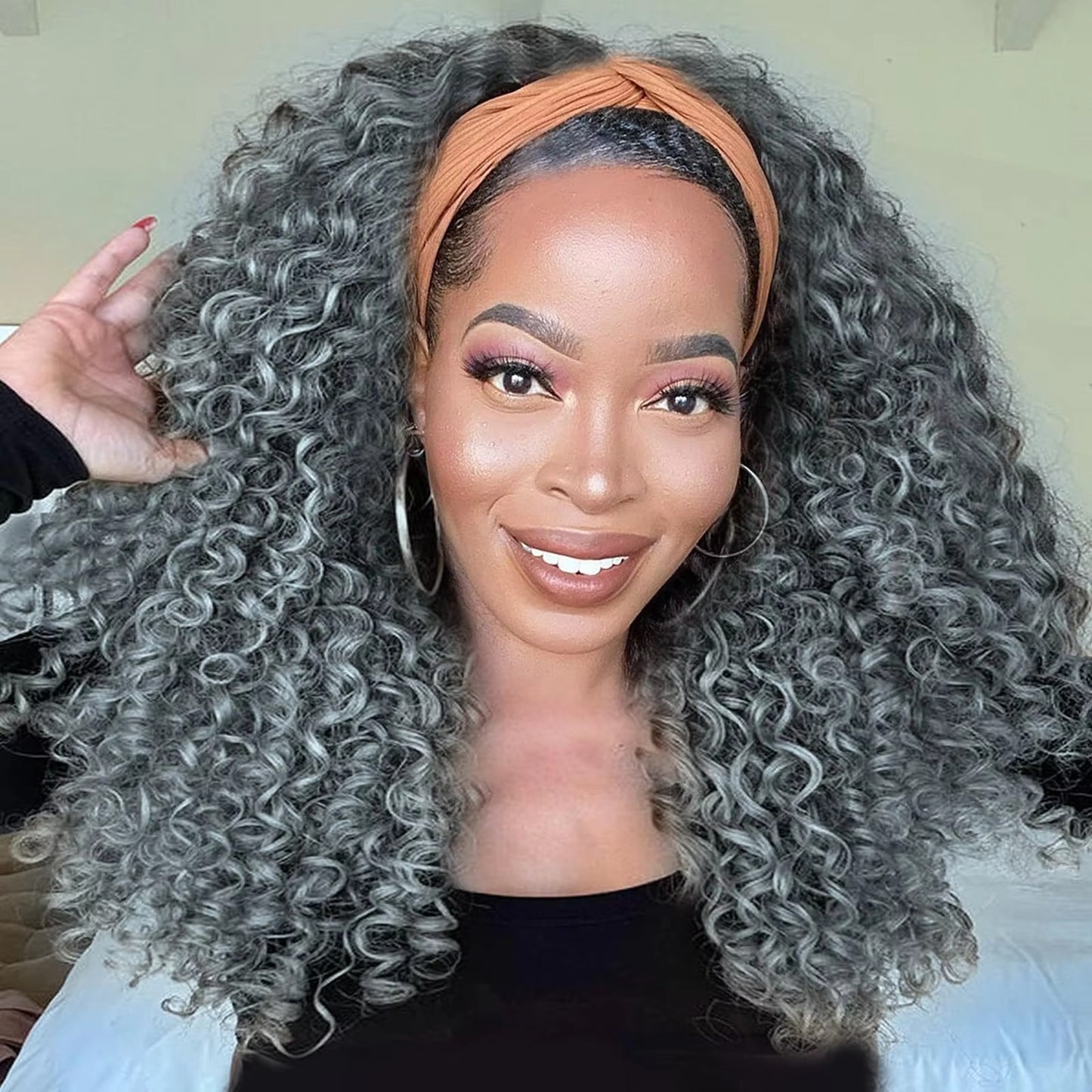 16" Grey Afro Kinky Curly Headband Wig – Synthetic Full Wig