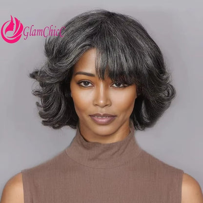 Premium Curly Bob Human Hair Wig 8” Grey with Bangs | Brazilian Remy Short Wig for Women Daily Use