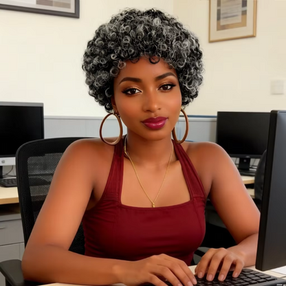 Salt and Pepper Short Curly Human Hair Wig – Afro Kinky Pixie Cut