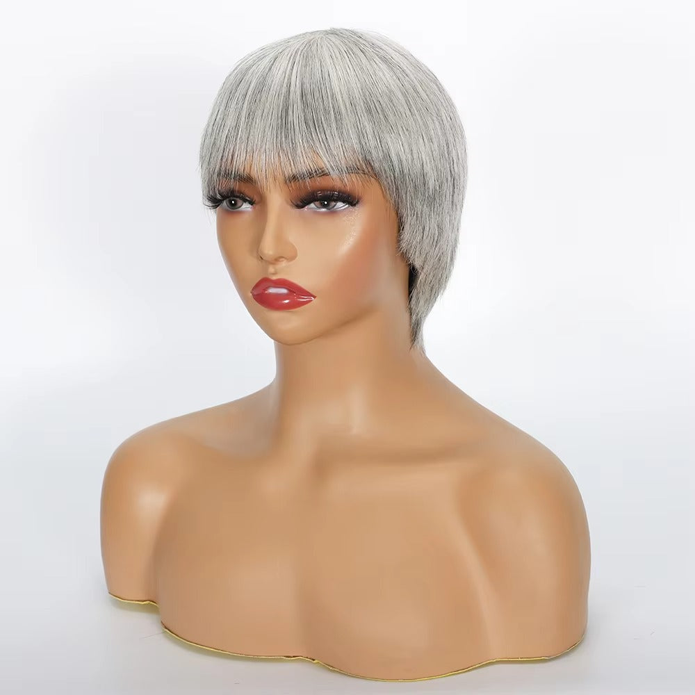 Ombre Grey Short Pixie Cut Human Hair Wig with Bangs