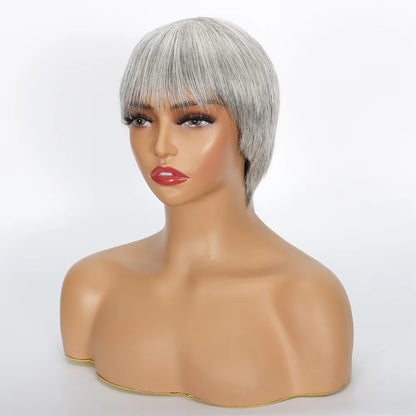 Ombre Grey Short Pixie Cut Human Hair Wig with Bangs