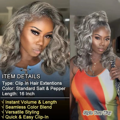 Salt and Pepper Body Wave Clip In Hair Extensions | Human Hair