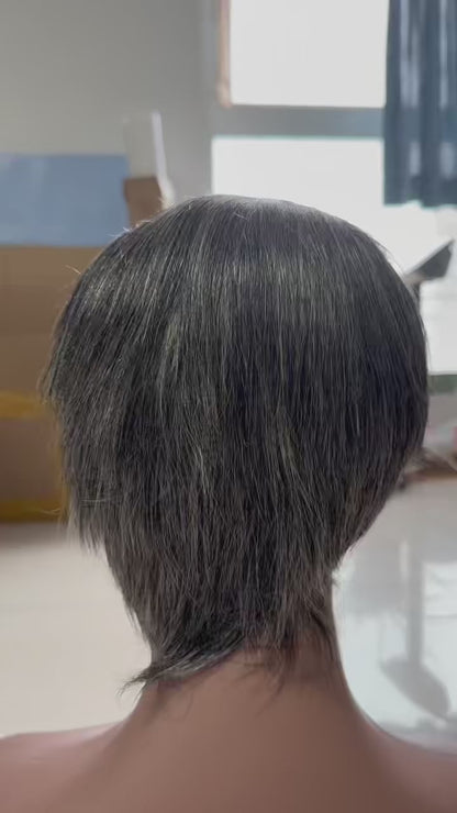 Ombre Grey Short Pixie Cut Human Hair Wig with Bangs