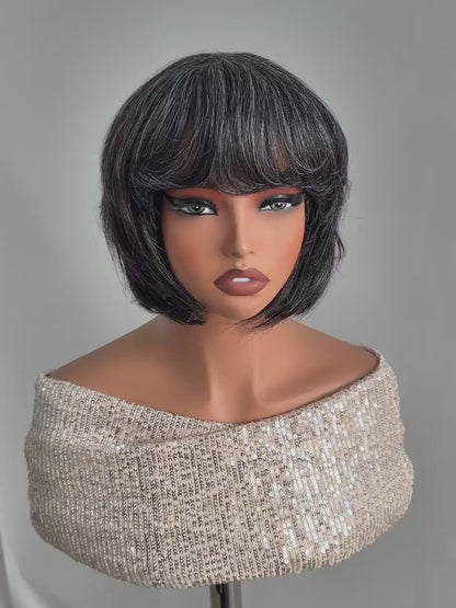 Salt and Pepper Gray Short Pixie Cut Human Hair Wig with Bangs