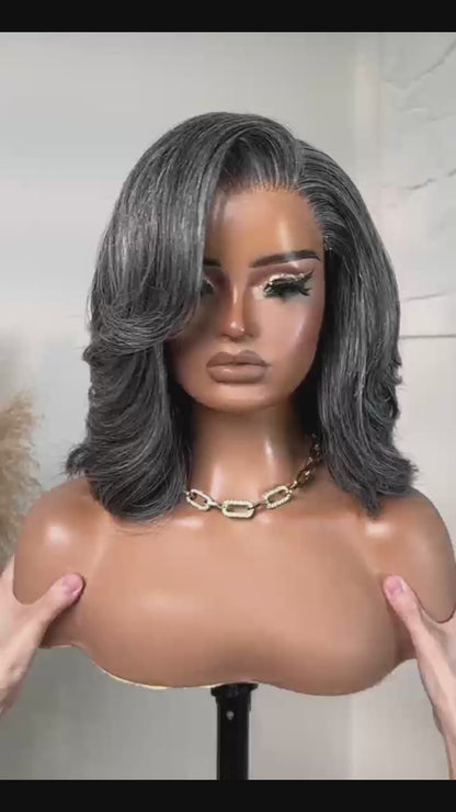 Layered Wave Salt & Pepper Human Hair Wig | 5x5 Pre-Cut Glueless Lace