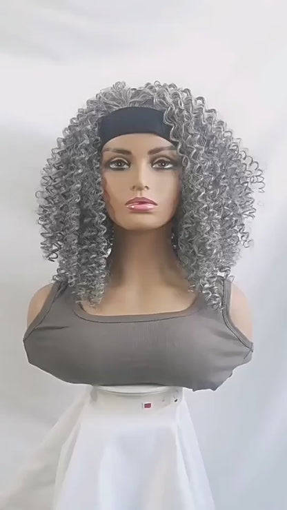 16" Grey Afro Kinky Curly Headband Wig – Synthetic Full Wig