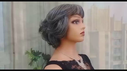 Premium Curly Bob Human Hair Wig 8” Grey with Bangs | Brazilian Remy Short Wig for Women Daily Use