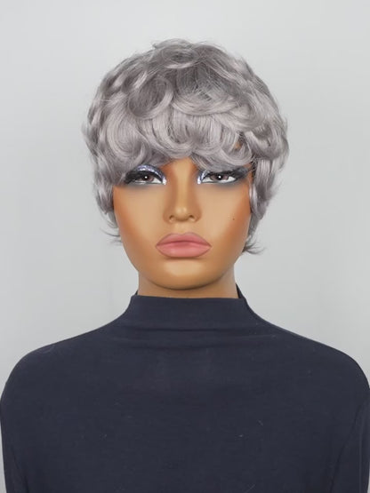 Gray Short Finger Wave Pixie Cut Human Hair Wig for Women