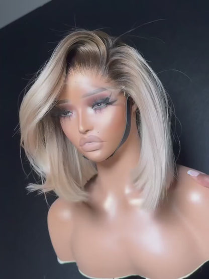 Ash Blonde Bob Wig Human Hair with Brown Roots | 13x4 Transparent Lace Frontal Pre-Plucked Wig