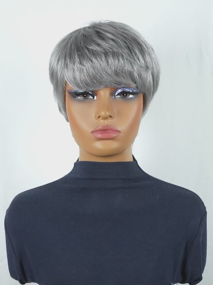 Silver Grey Short Pixie Cut Human Hair Wig with Bangs