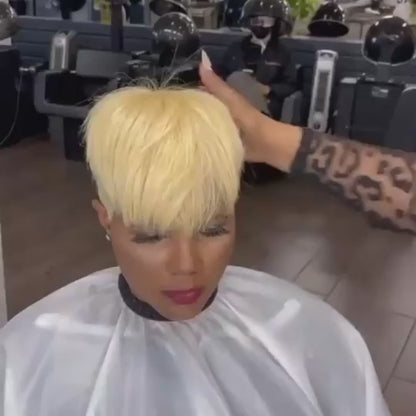 613 Blonde Short Pixie Cut Human Hair Wig with Bangs
