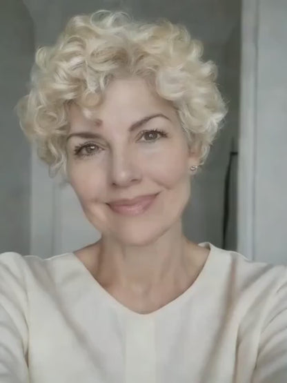 613 Blonde Curly Short Bob Pixie Cut Human Hair Wig with Bangs