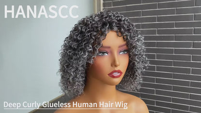 Salt & Pepper Curly Gray Human Hair Wig for Women – Short Kinky Deep Wave Glueless Natural Look Wig